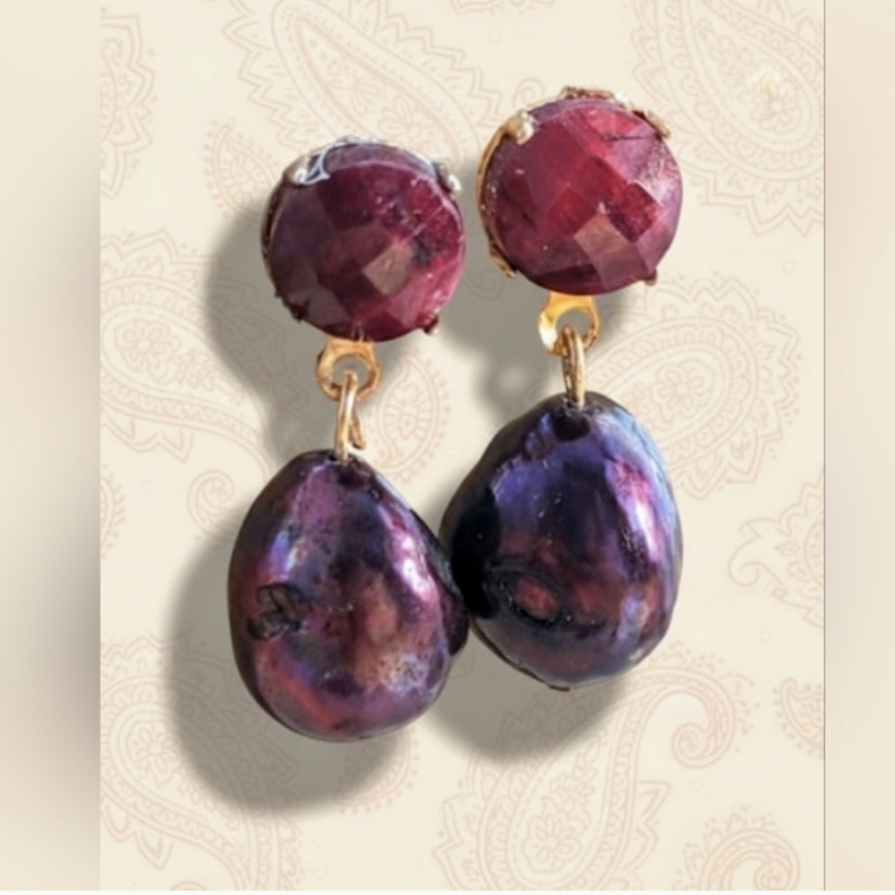 6 Total Carats Natural Ruby & Wine Baroque Pearl Earrings in Yellow Gold Plated